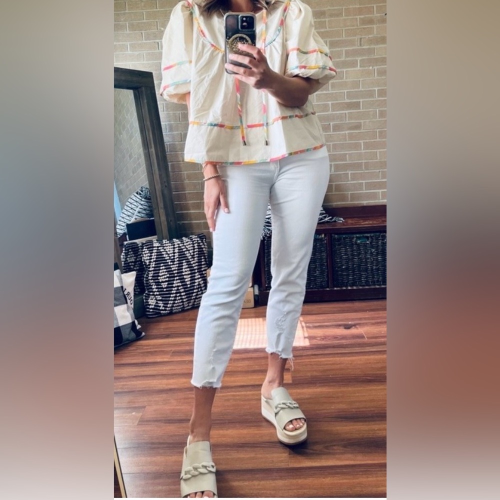 Light Cream Peasant Blouse with Multicolor Trim